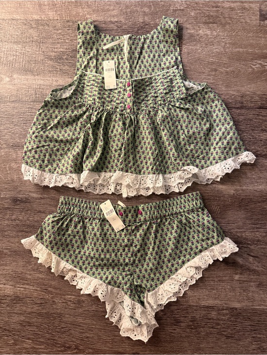 Anthropologie Other - Anthropologie Green Floral Lace-Trim Pajama Set